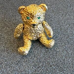 Vintage Articulated Teddy Bear Gold Tone Pin Brooch Green Rhinestone Eye Texture